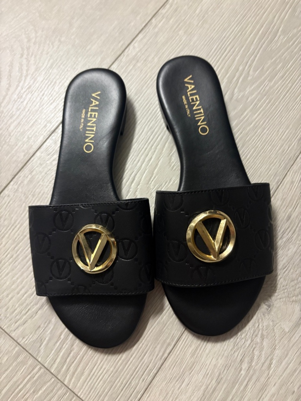 Valentino Black Slide Sandals with Gold V Logo